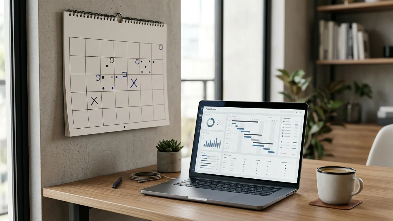 Calendário de parede com datas de lançamento marcadas ao lado de notebook