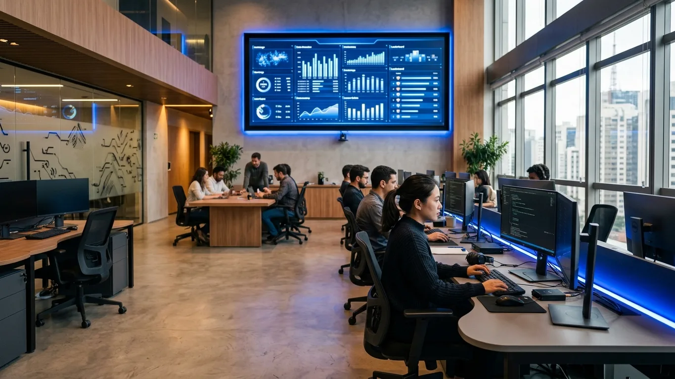 Laboratório moderno de pesquisa em IA com telas mostrando rankings